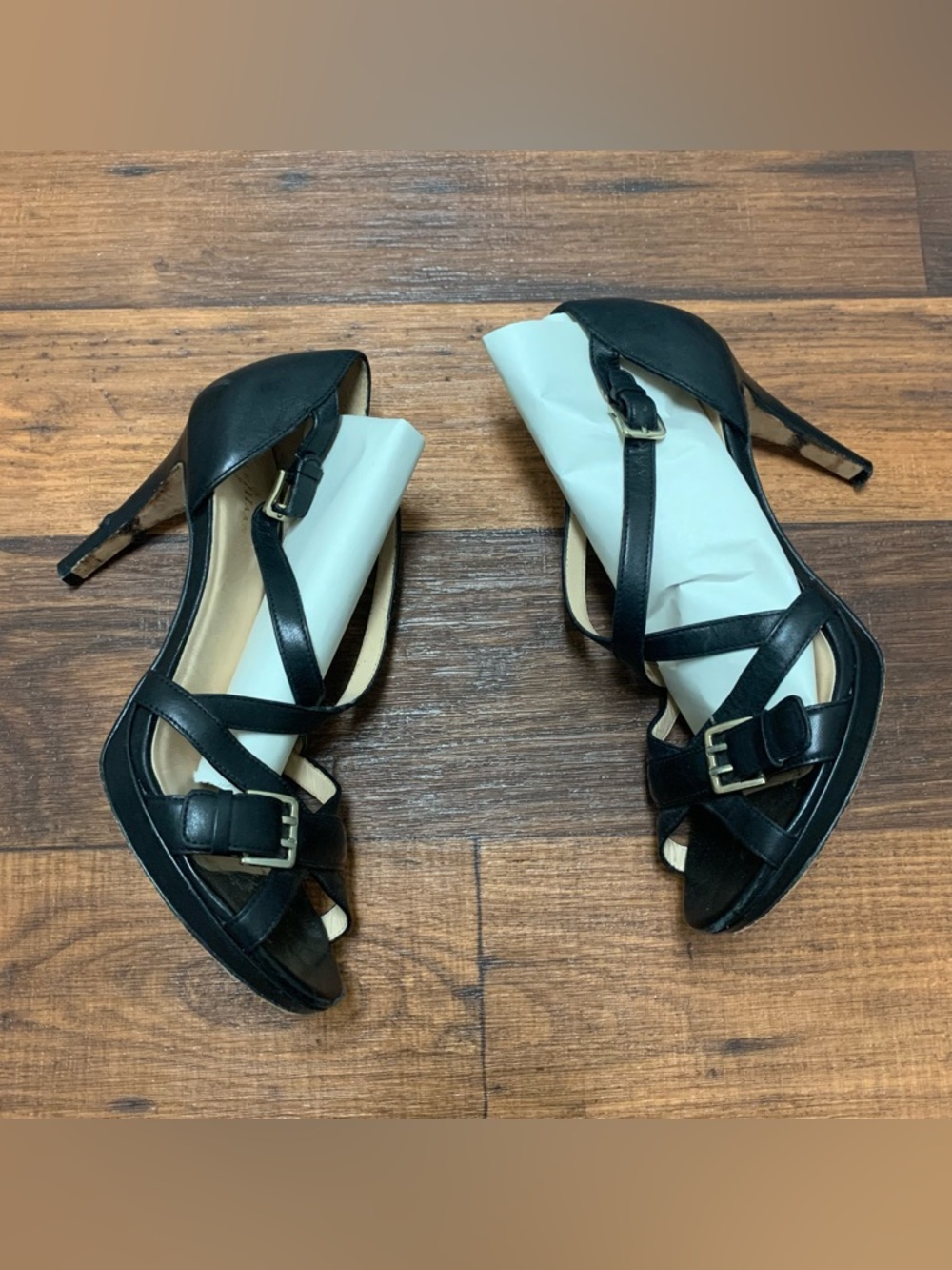 Cole Haan Nike Air Black Leather Strappy Open Toe Heels Size 10B Buckle Sandals